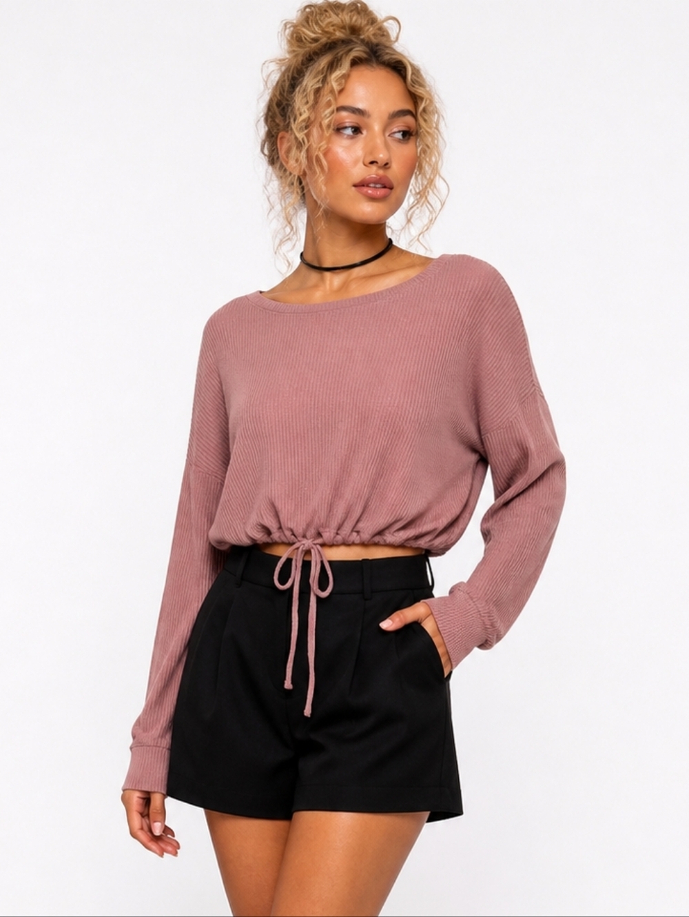 Express Blush Pink Ribbed Drawstring Cropped Sweater Top Long Sleeve L